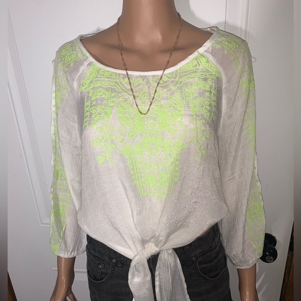 Blouse white and neon yellow long sleeve ties at waist Medium